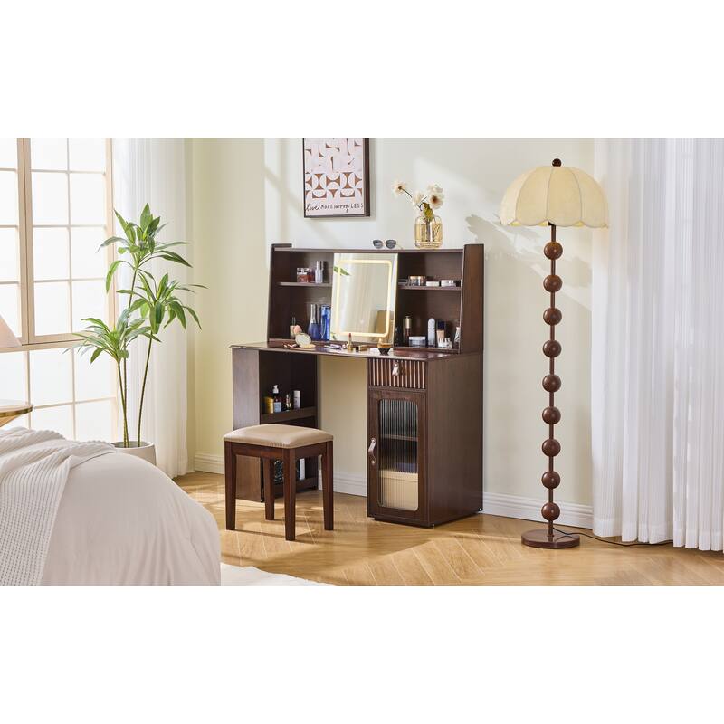 Elegant Makeup Vanity Desk With 3 Modes Adjustable Lighted Mirror, Dressing Table Set With Large Shelves, Drawer And Canbinet