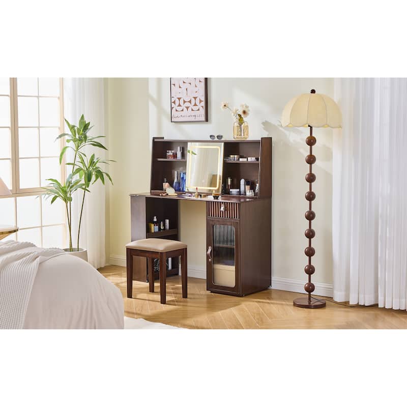 Elegant makeup vanity desk with 3 modes Adjustable Lighted Mirror,modern dressing table set with large shelves