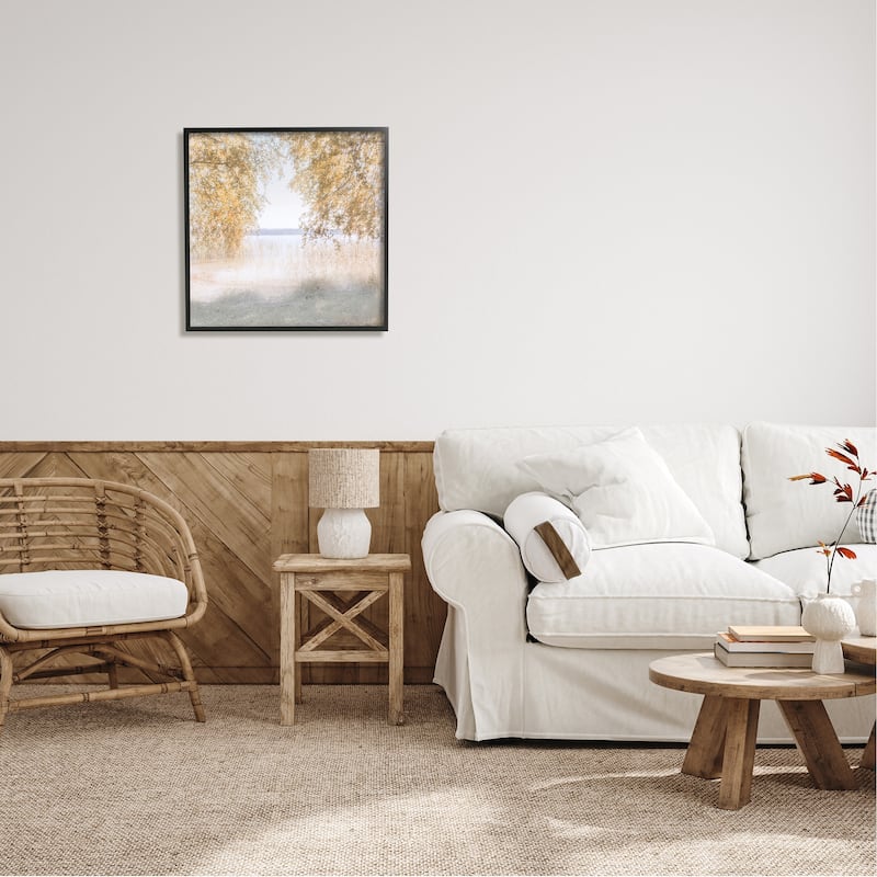 Stupell Lake Shore Yellow Foliage Trees Distant Mountains Framed Wall Art - White