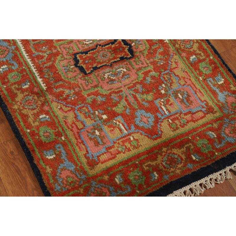 Hand Knotted Oriental 100% Wool Carpet Traditional Geometric Oranges & Rust Heriz (serapi) Runner Rug - 11' 10'' X 2' 6''