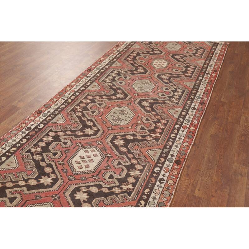 Geometric Orange Hamedan Vintage Runner Rug Handmade Wool Carpet - 3'6" x 10'1"