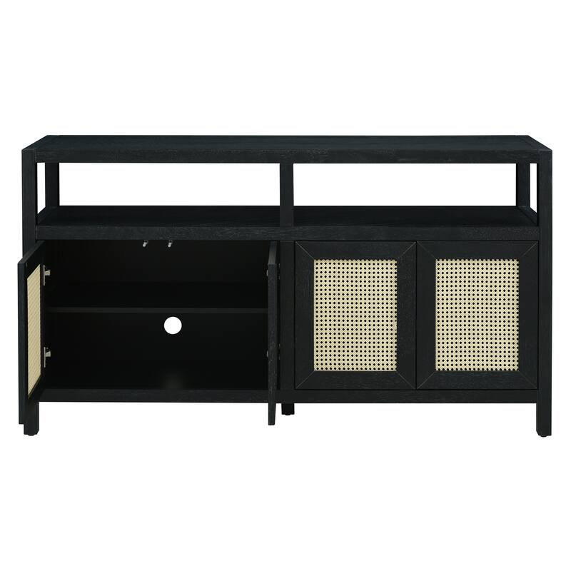 Anmytek Black Bohemian Rattan Sideboard Solid Wood Buffet Cabinet with Adjustable Shelves Push to Open for Living Dining Room