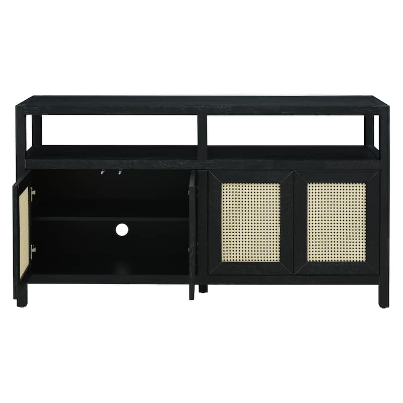 Bohemian Style Rattan Buffet Cabinet with Solid Wood Frame,3-position Adjustable Shelves,No-Handle Push-to-Open Design