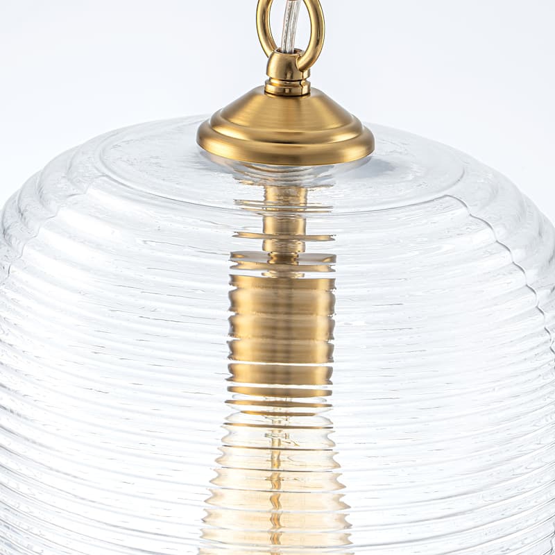 1-Light Modern Brushed Gold/Black Ribbed Clear Glass Dome Pendant Light with Adjustable Hanging Chain
