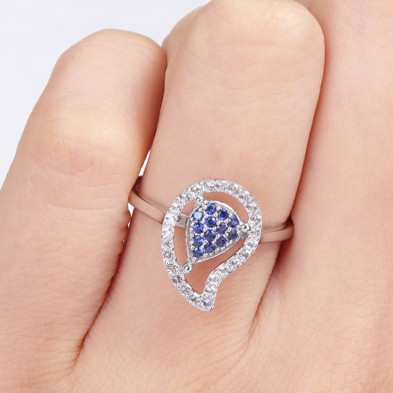 Miadora White Topaz and Created Blue Sapphire Halo Teardrop Ring in Sterling Silver