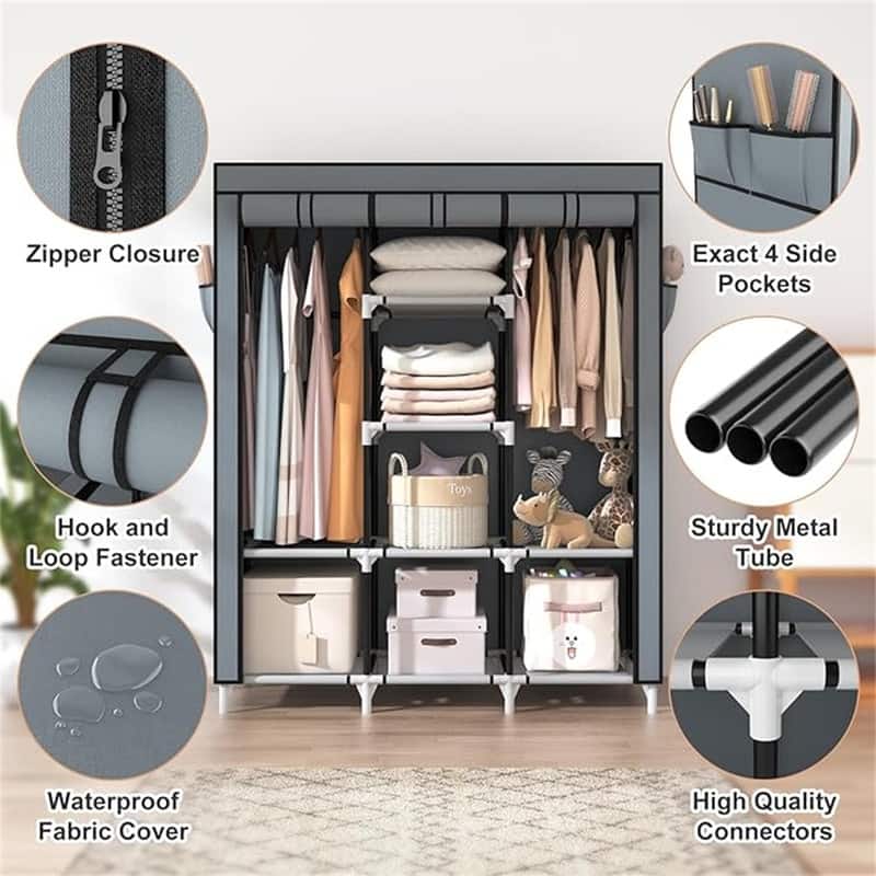Portable Closet Wardrobe for Hanging Clothes with 2 Hanging Rods and 8 Storage Organizer Shelves - 15.4"D x 49"W x 64"H