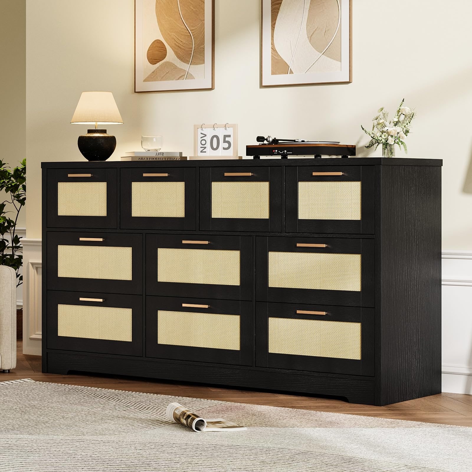 Drawers Dresser Rattan Chest with Spacious Tabletop & Handles, Closet Dresser Organizer TV Stand for Living Room Hallway