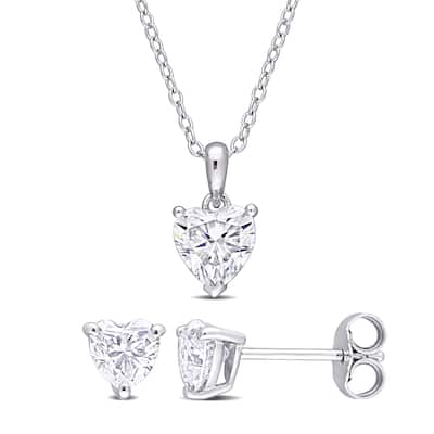 Miadora 2ct DEW Heart Shaped Created Moissanite 2-PC Stud Earrings and Necklace Set Sterling Silver