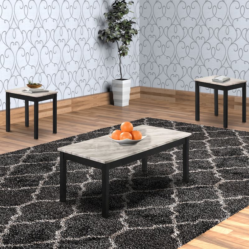 3 Piece Coffee Table and End Table with Faux Marble Top, Black and White