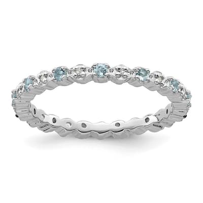 Curata 925 Sterling Silver Polished Prong set Stackable Expressions Aquamarine and Diamond Ring