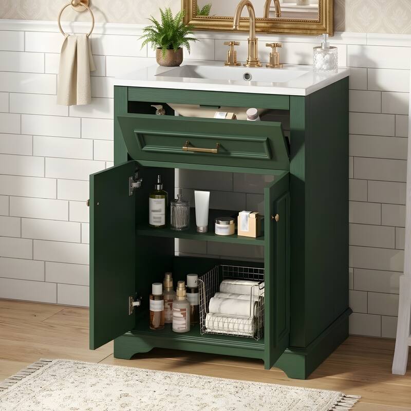 24" Bathroom Vanity with Integrated Ceramic Sink, Bathroom Cabinet with 2 Doors