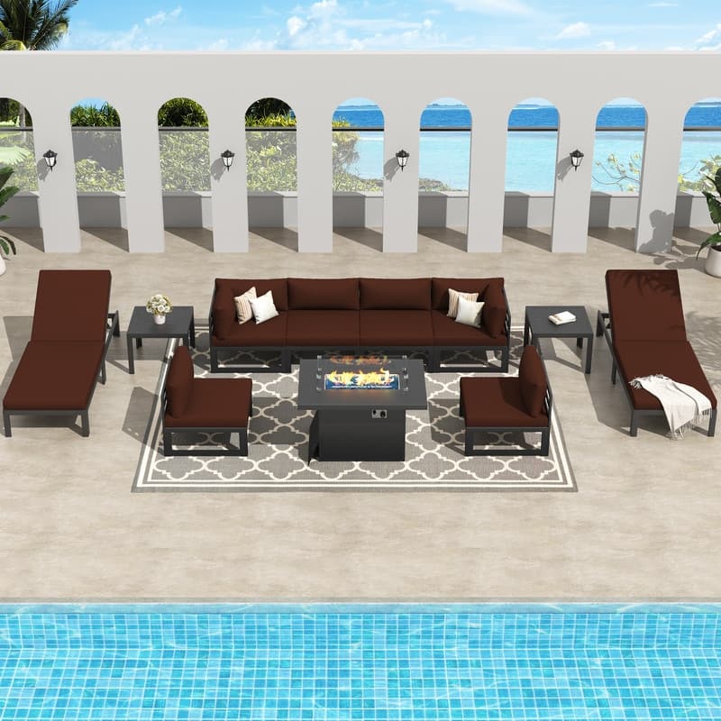 FINCATI Aluminum Outdoor Patio Furniture Conversation Sectional Sofa Set - 11 Pieces - Burgundy
