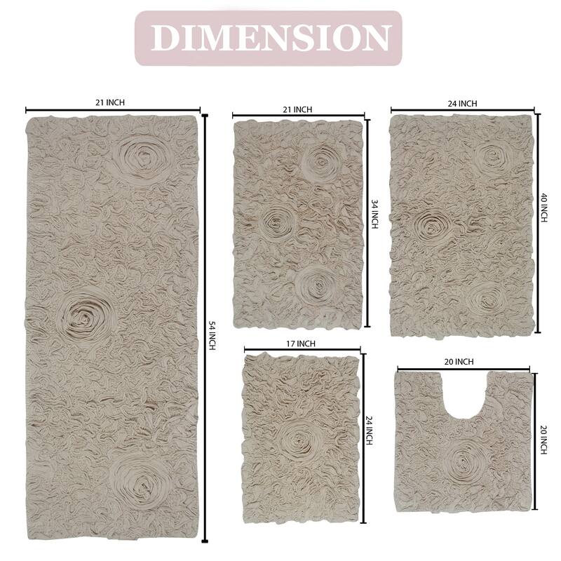 Bell Flower Collection 100% Cotton Non-Slip Bathroom Rug Set, Machine Washable Bath Rug, 5 Piece Bath Mat Set with Runner