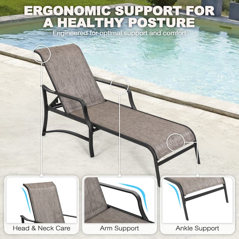 Outdoor Textilene Metal Lounge Chairs Set of 2, 5-Level Adjustable Backrest