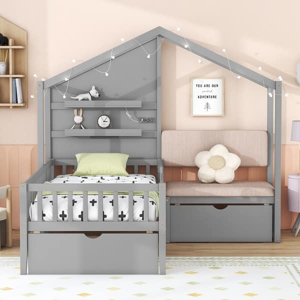 slide 2 of 9, Grey Twin House Bed with Upholstered Sofa & Drawers Grey