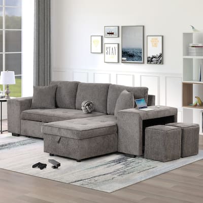 Modern L-Shape 3 Seat Reversible Sectional Couch, Pull Out Sleeper Sofa with Storage Chaise and 2 Stools