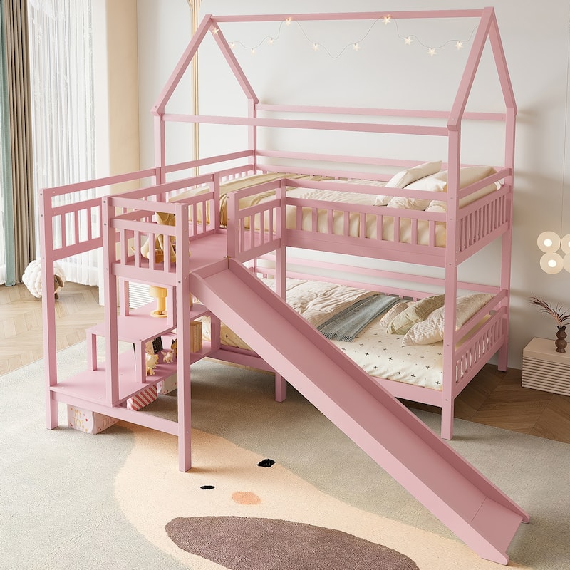 Full/Twin House-Shaped Bunk Bed with Slide & Storage Stairs, Playhouse Bed with Two Placement Methods