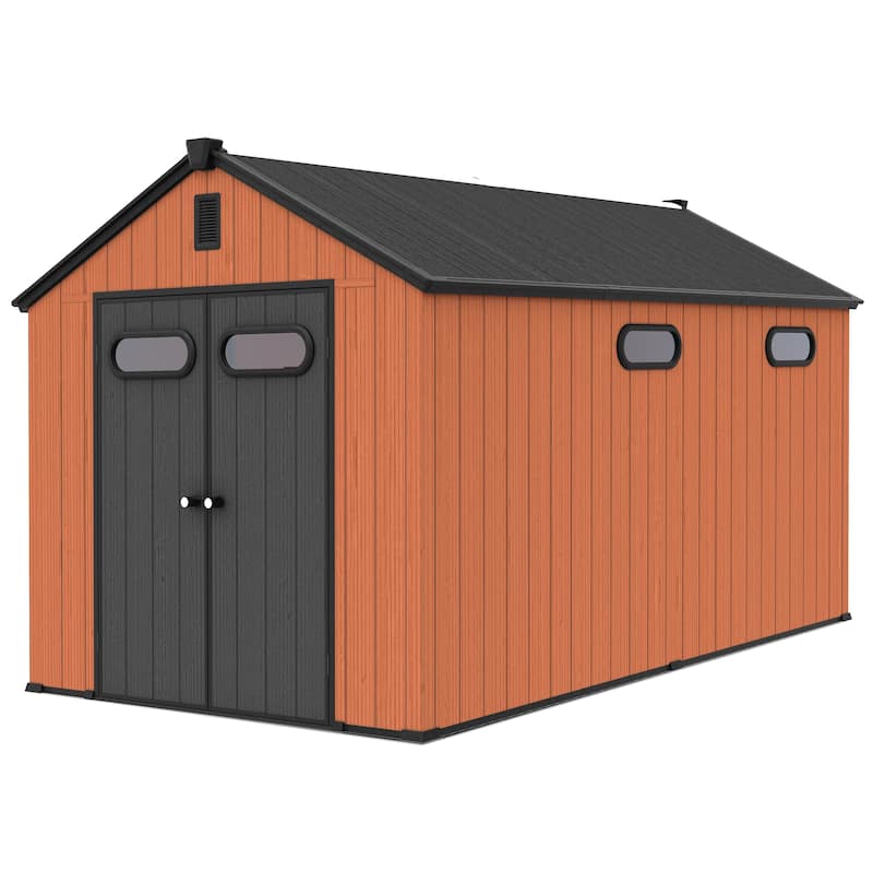 VredHom 8X8/8X10/8X12 FT All-Weather Outdoor Resin Storage Shed with Windows Floor for Patio Furniture and Tools - 8X12FT - Brown