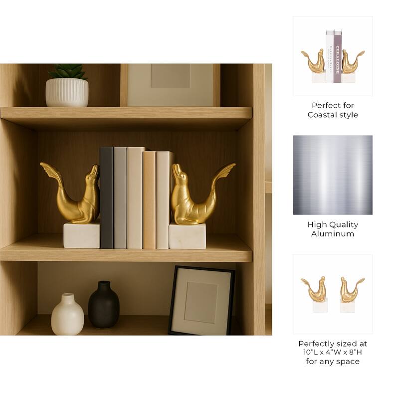 Decorative Sea Lion on Marble Base Bookends - Set of 2", 10", Gold - 10.0"