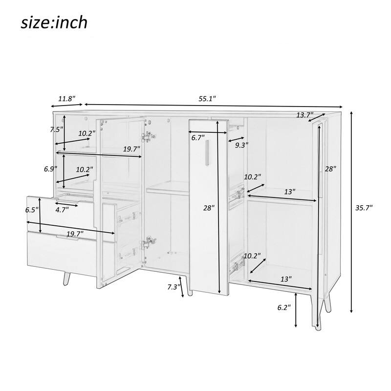Glass Door Storage Cabinet with Drawers and Metal Handles, Living Room Modern Buffet Sideboard