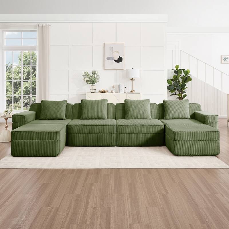 4-Seat U-shaped Corduroy Modular Boneless Cloud Sofa with 2 Movable Ottomans - Green