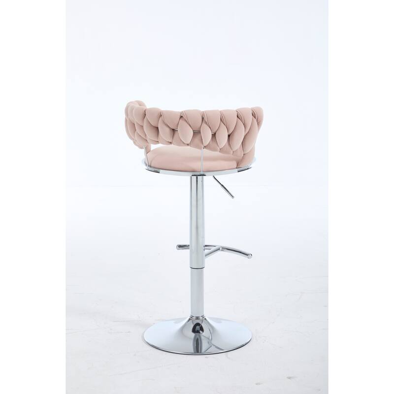 Set Of 2 Bar Stools,With Chrome Footrest And Base Swivel Height Adjustable Mechanical Lifting Velvet, Chrome Leg