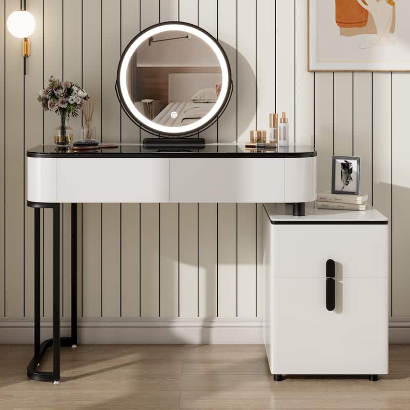 Modern Vanity Table with Tempered Glass Top, Adjustable Height Legs, Multi-functional Storage Cabinet and Round Mirror