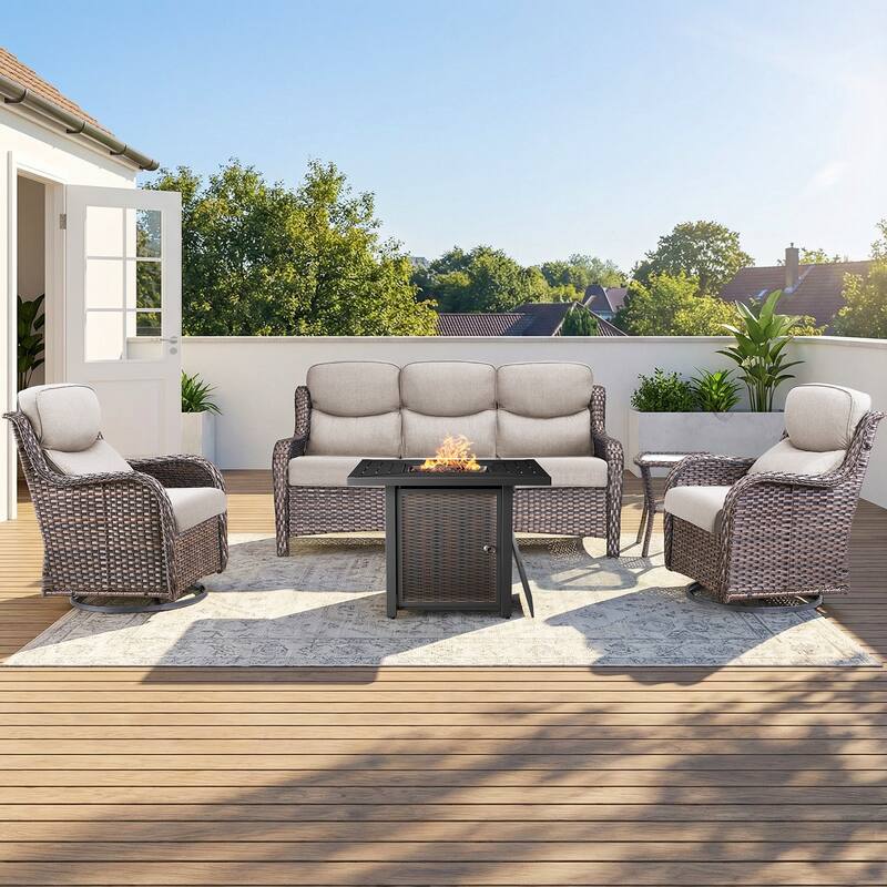 Pocassy 30 In Outdoor Propane Fire Pit Table Patio Sofa Chair Set. - Brown Wicker Beige Cushion - 5-Piece Sofa Swivel Chair Table w/ Fie Pit Table