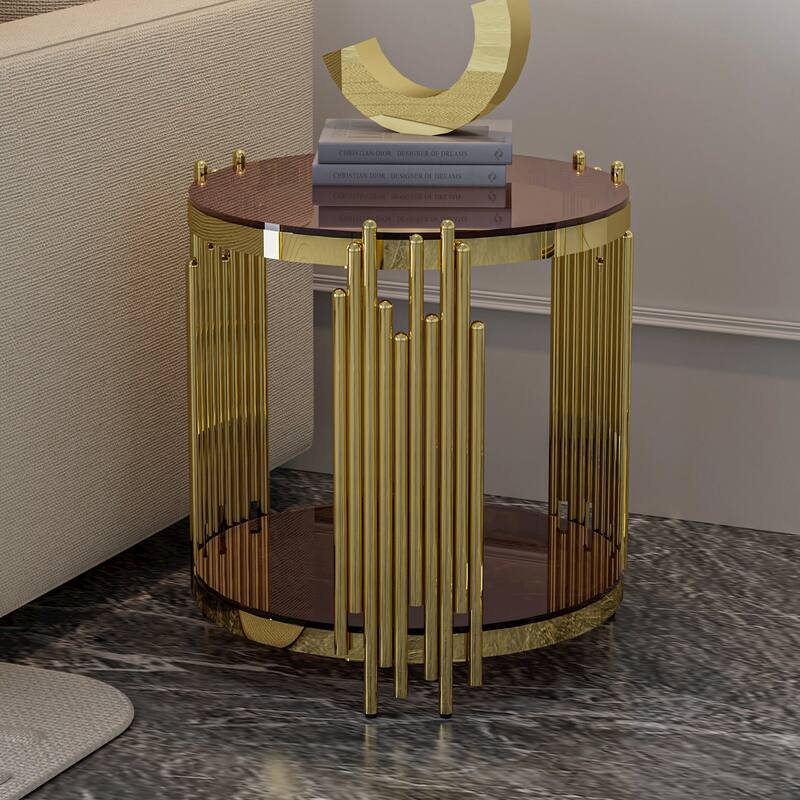 Modern Gold Round Coffee Table with Brown Glass Top & Stainless Steel Legs