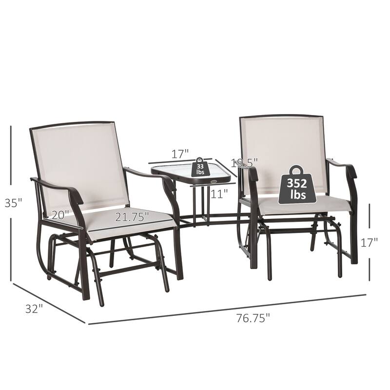 2-Person Outdoor Glider Loveseat with Built-In Table, Dual Rocking Patio Chairs with Steel Frame and Breathable Sling Fabric