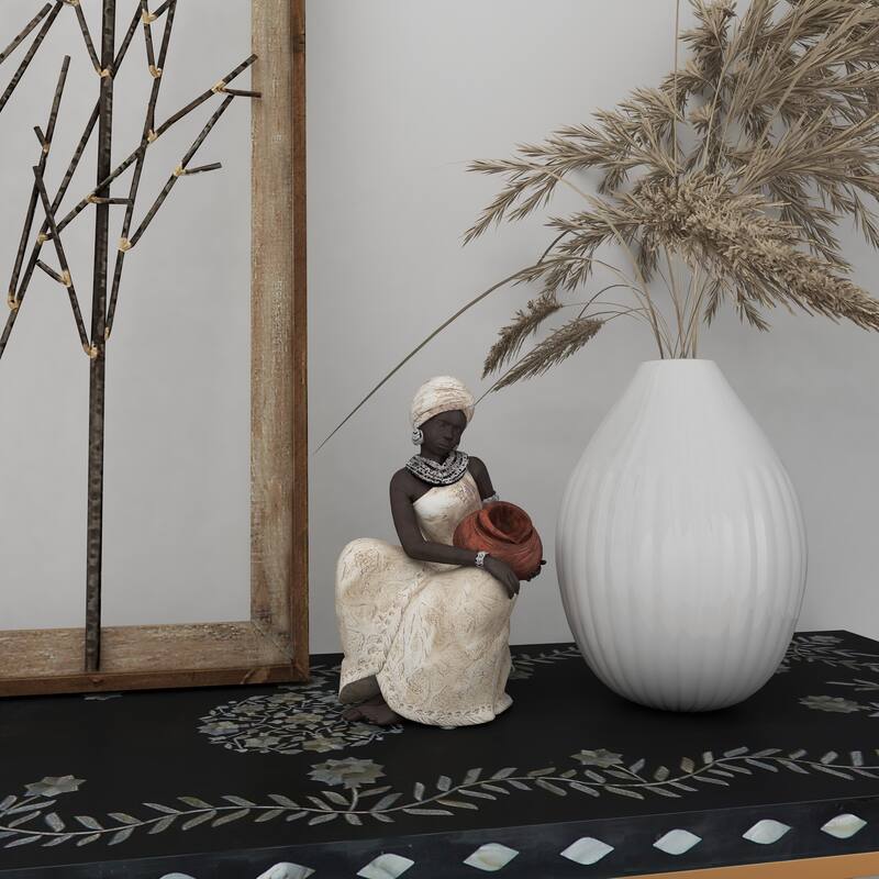 Cream Polystone Sitting African Woman Decorative Sculpture with Red Water Pot