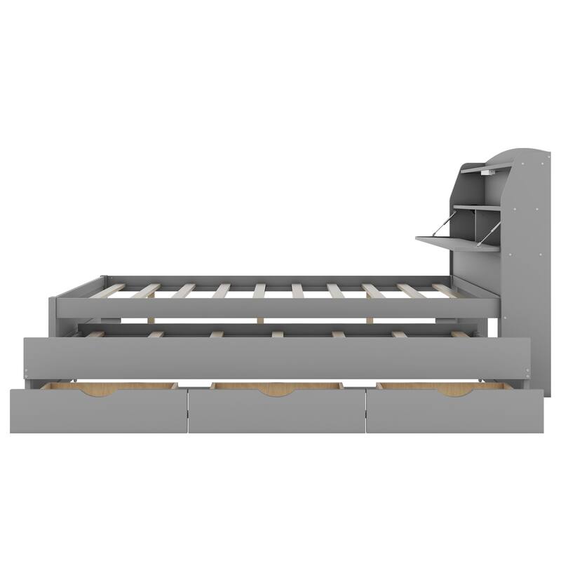 Wood Captain Bed Platform Bed with Trundle and 3 Drawers, Single Bed Frame with Storage Headboard and Integrated LED Light