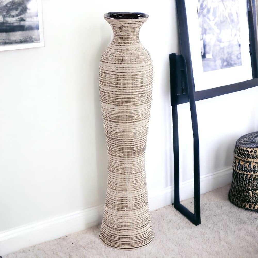HomeRoots 31" Ceramic Brown and Beige Striped Bud Floor Vase - 8