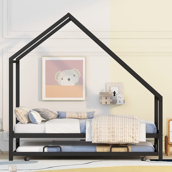 slide 2 of 55, Metal House Bed with Twin Size Trundle, Twin Size House-Shaped Bed Steel Slat Support Easy Assembly for Kids Teens Boys & Girls Black/ Black - Twin