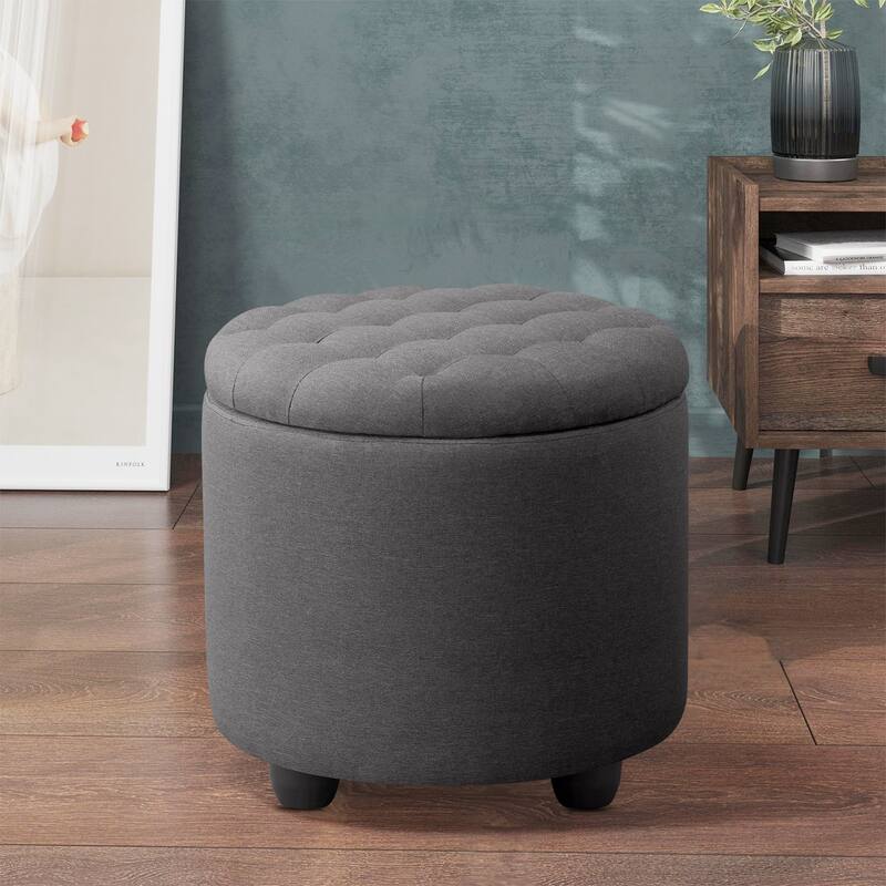 Modern Button Tufted Accent Storage Ottoman, Small Upholstered Circle Pouf Footstool with Removable Lid Storage Ottoman - Grey