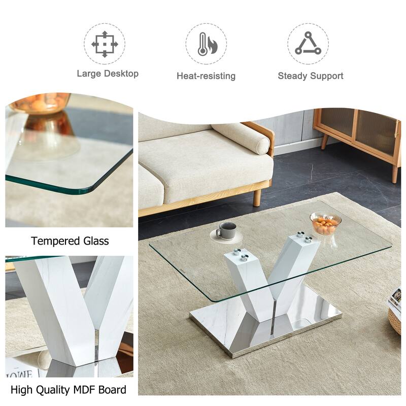 43.3" Modern Rectangular Coffee Table with MDF Pillars and Stable Base for Living Room