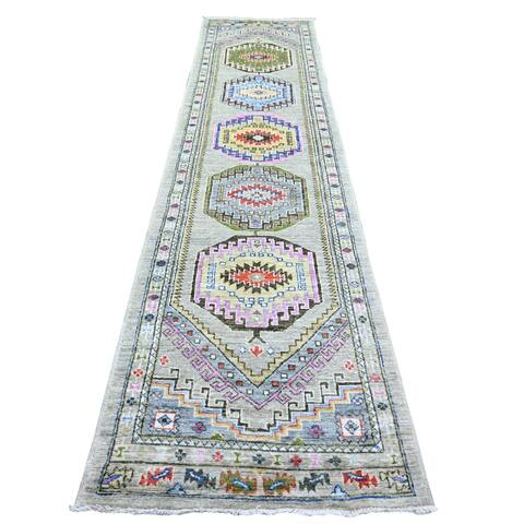 Shahbanu Rugs Thunder Gray Afghan Oushak with Pop Of Colors Natural Dyes 100% Wool Hand Knotted Runner Oriental Rug (3'1"x13'3")