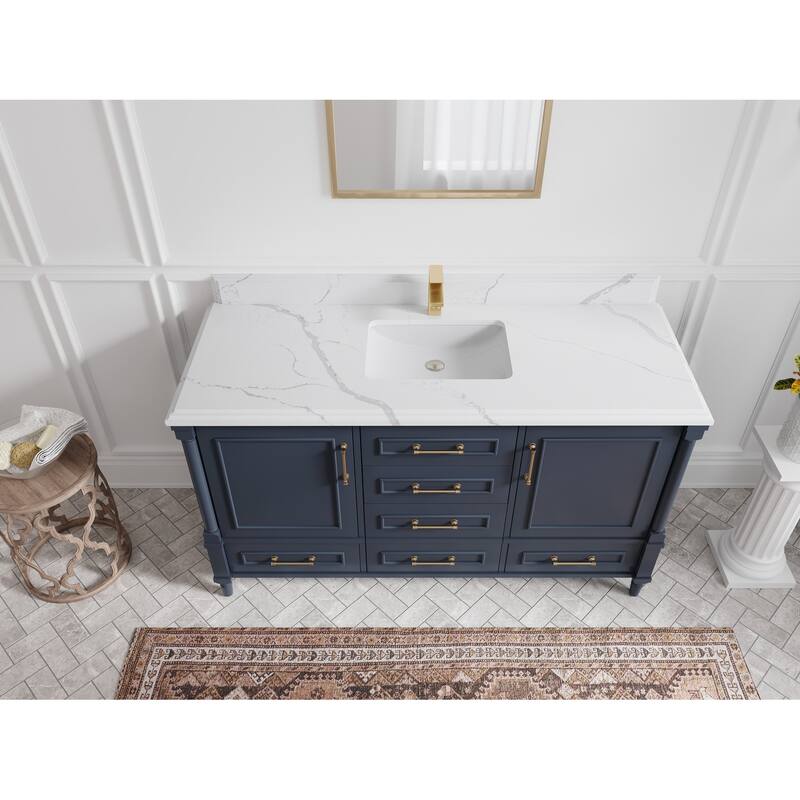 Willow Collections 60 in. W x 22 in. D Aberdeen Single Bowl Sink Bathroom Vanity with Countertop - 1.5" Calacatta Laza - Hale Navy Blue
