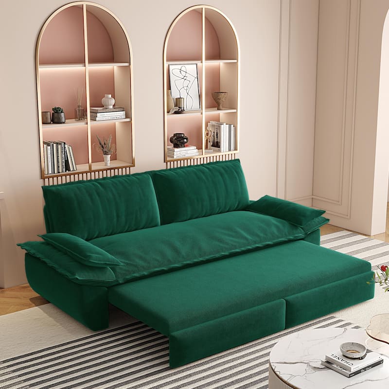 3-in-1 Convertible Velvet Sofa Bed, Pull-Out Queen Sleeper Bed, Chaise Lounge Sofa Daybed, Easy-to-Assemble - Green