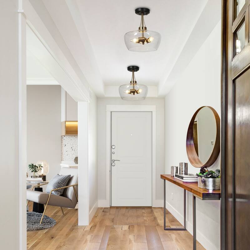 Zelena Modern Farmhouse 3-Light Black Gold Bowl Glass Semi-Flush Mount Kitchen Ceiling Light