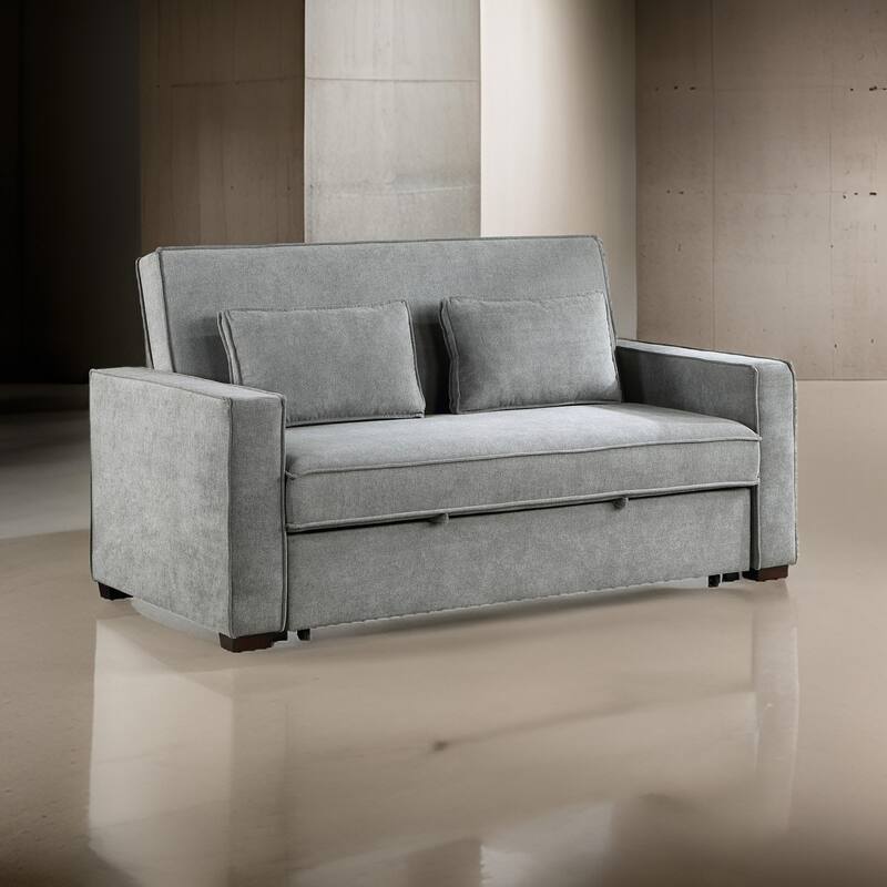 Malti 77 Inch Sofa with Pull Out Bed, Gray Polyester, 2 Pillows, Solid Wood