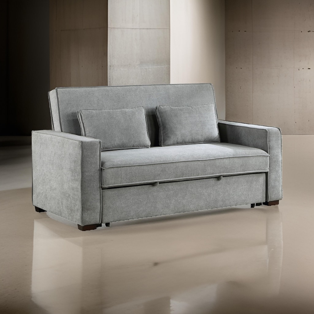 Malti 77 Inch Sofa with Pull Out Bed, Gray Polyester, 2 Pillows, Solid Wood