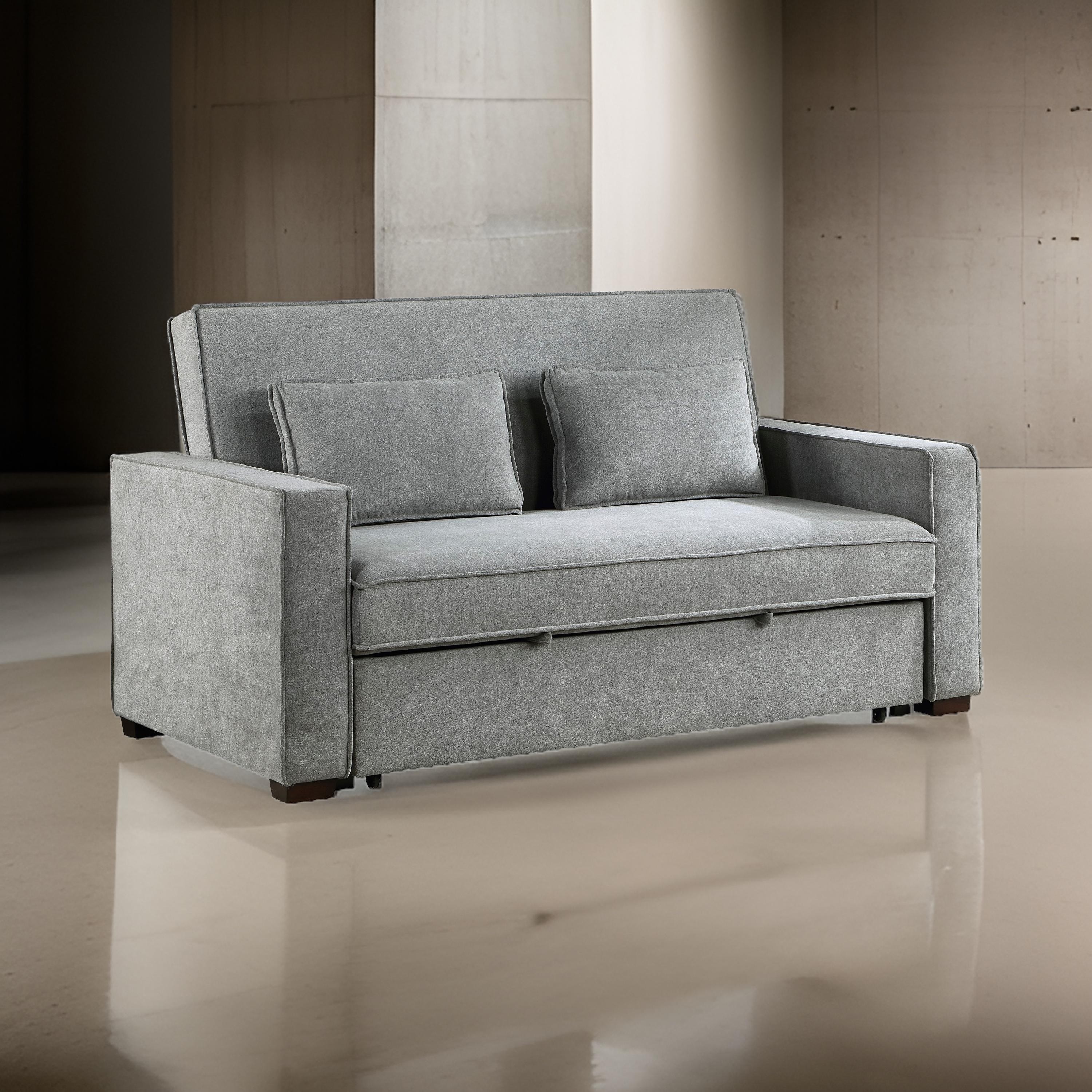 Malti 77 Inch Sofa with Pull Out Bed, Gray Polyester, 2 Pillows, Solid Wood