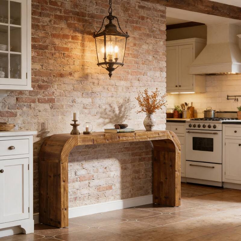 Farmhouse Narrow Console Table - Curved Wood Sofa Table