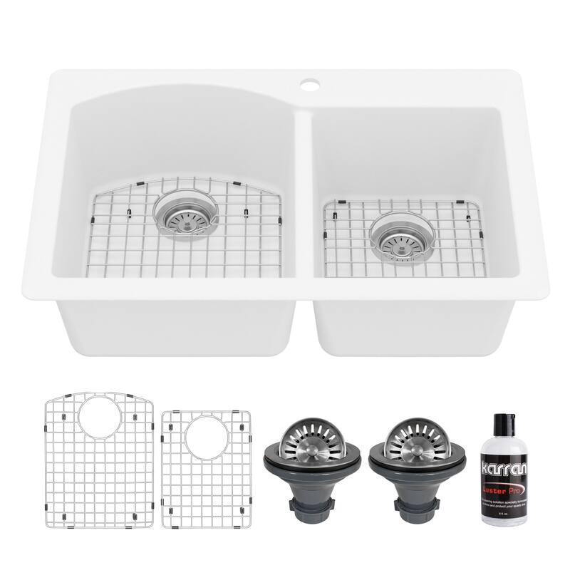 Karran Drop-In Quartz 33 in. 1-Hole 60/40 Double Bowl Kitchen Sink Kit