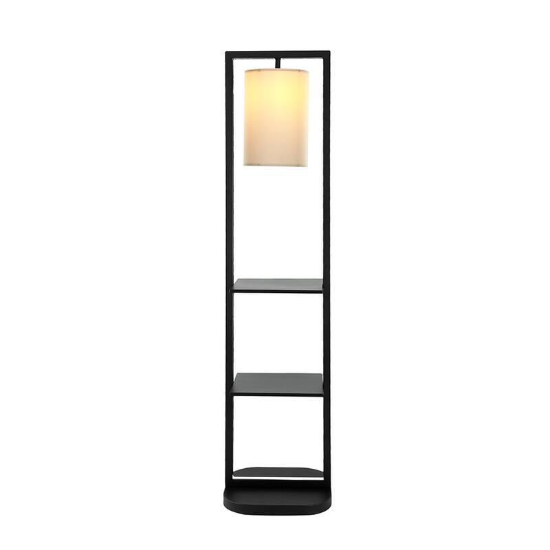 74 Inch Floor Lamp with 2 Shelves, Round Lampshade, Black Iron, White