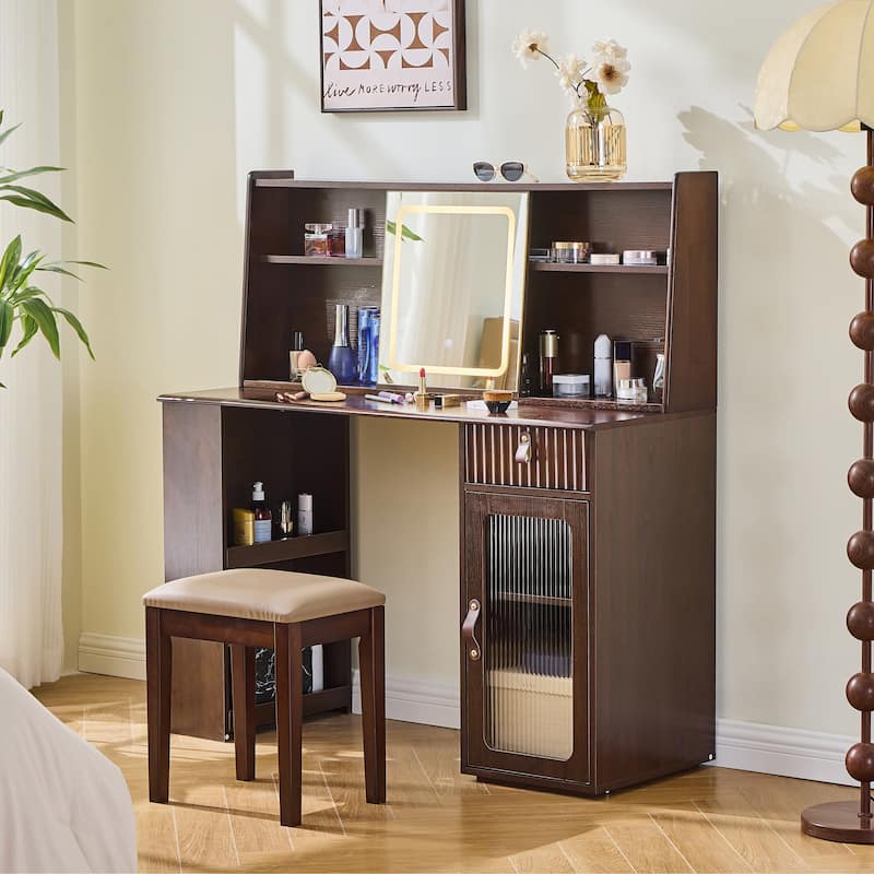 Elegant makeup vanity desk with 3 modes Adjustable Lighted Mirror,modern dressing table set with large shelves - Walnut