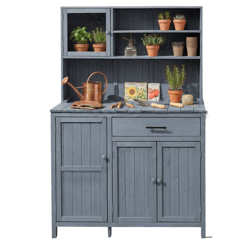 65" Solid Fir Wood Potting Bench with Hutch, Garden Workstation Table with Drawer, Spice Rack & Shelves