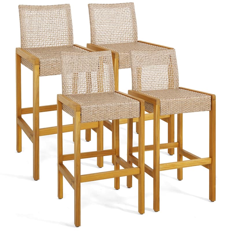 Gymax Wicker Bar Stools Set of 4 Patio Chairs w/ Solid Wood Frame & - Bar Height - Light Brown+Teak - Set of 4