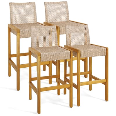 Gymax Wicker Bar Stools Set of 4 Patio Chairs w/ Solid Wood Frame &